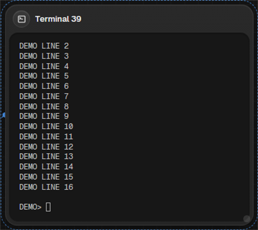 Terminal with several lines of demo output in its scrollback
