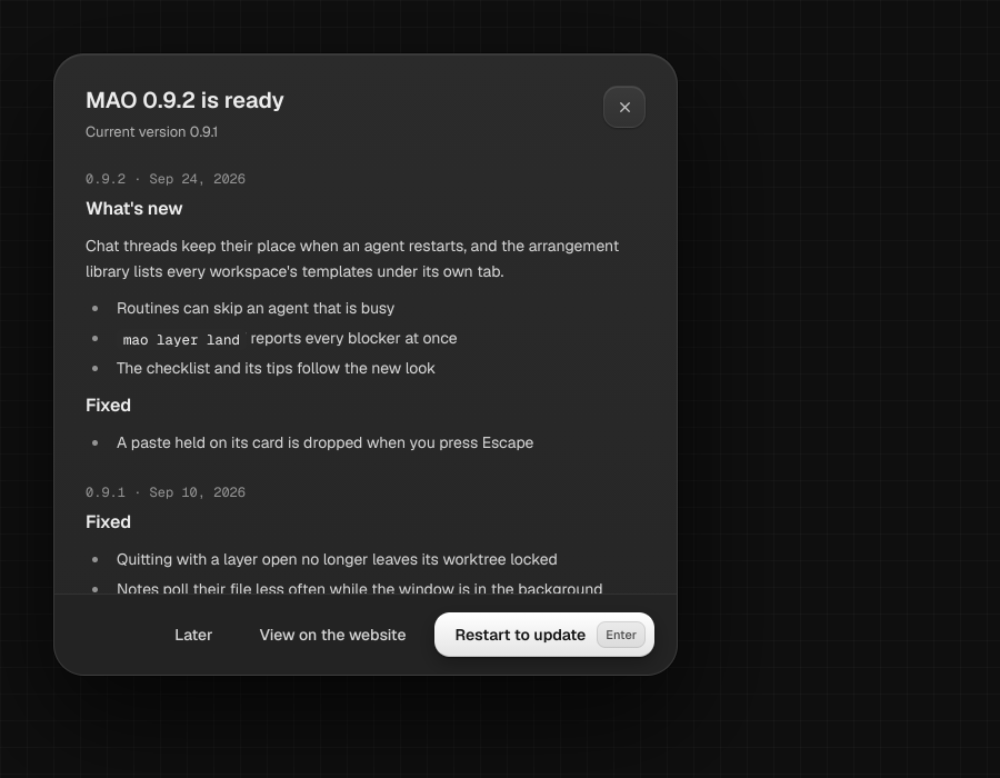Update sheet showing a ready release and Restart to update